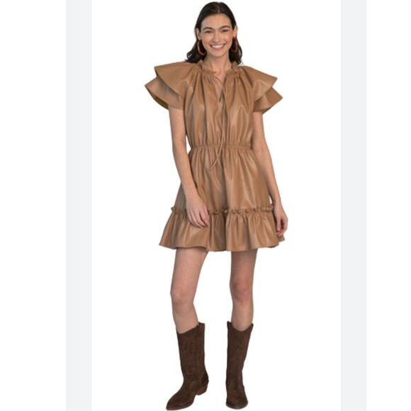 Olivia James The Label Tan Faux Leather Tinsley Dress - Picture 1 of 8